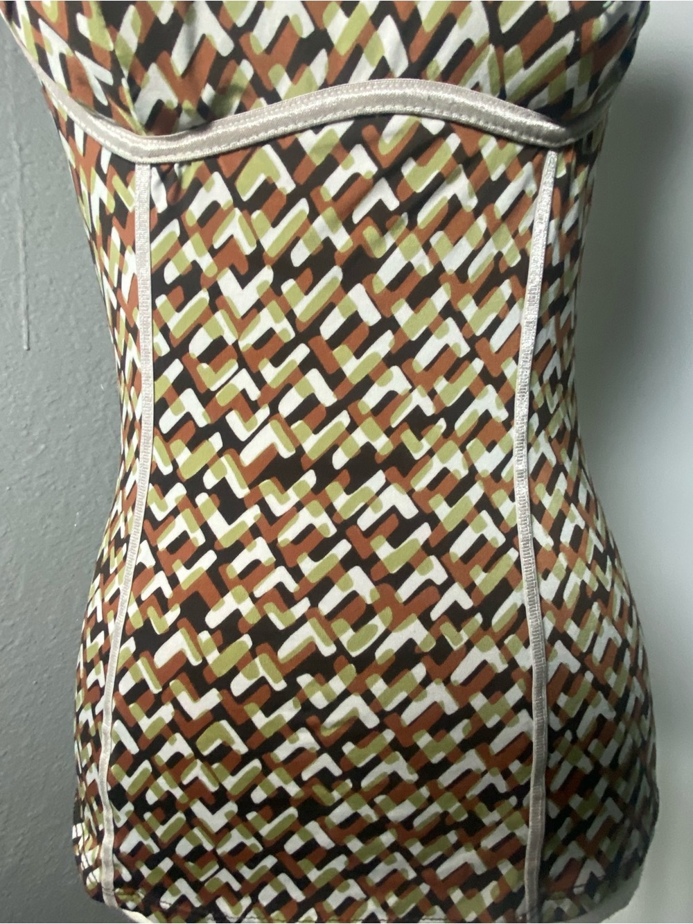 Y2K Green Brown & Grey Geometric Print Ruched Padded Bust Tank Top Size Medium - Picture 3 of 7
